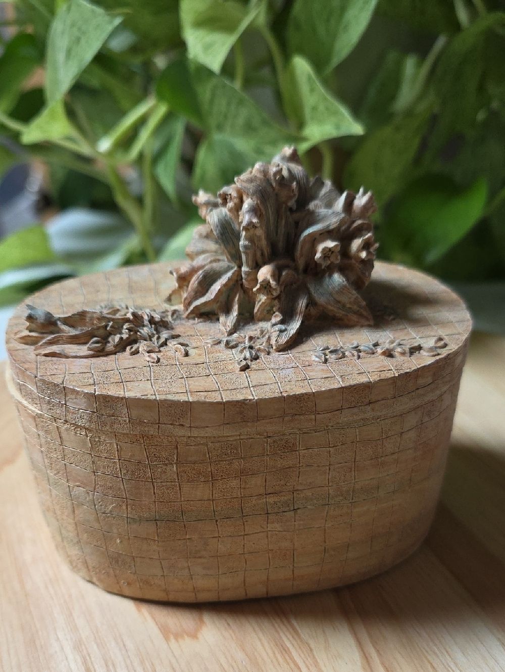 Rustic Sculpted Flower Trinket Jewelry Box Brown Cottage Decor